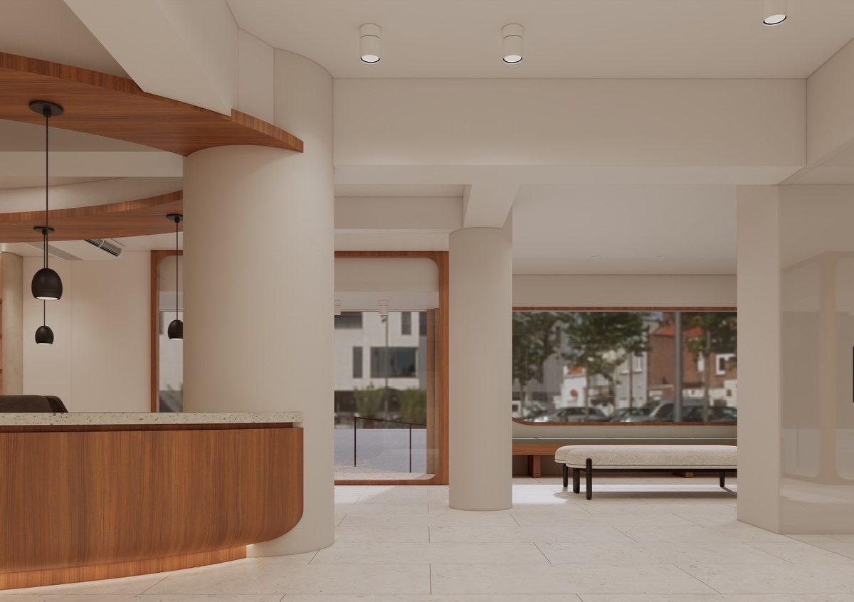 森美中醫診所候診區—落地窗、木質長椅與自然採光的療癒空間